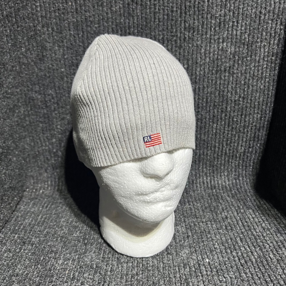 Vintage Polo Ralph Lauren Beanie Mens OS Gray RL Flag Patch Ribbed Knit